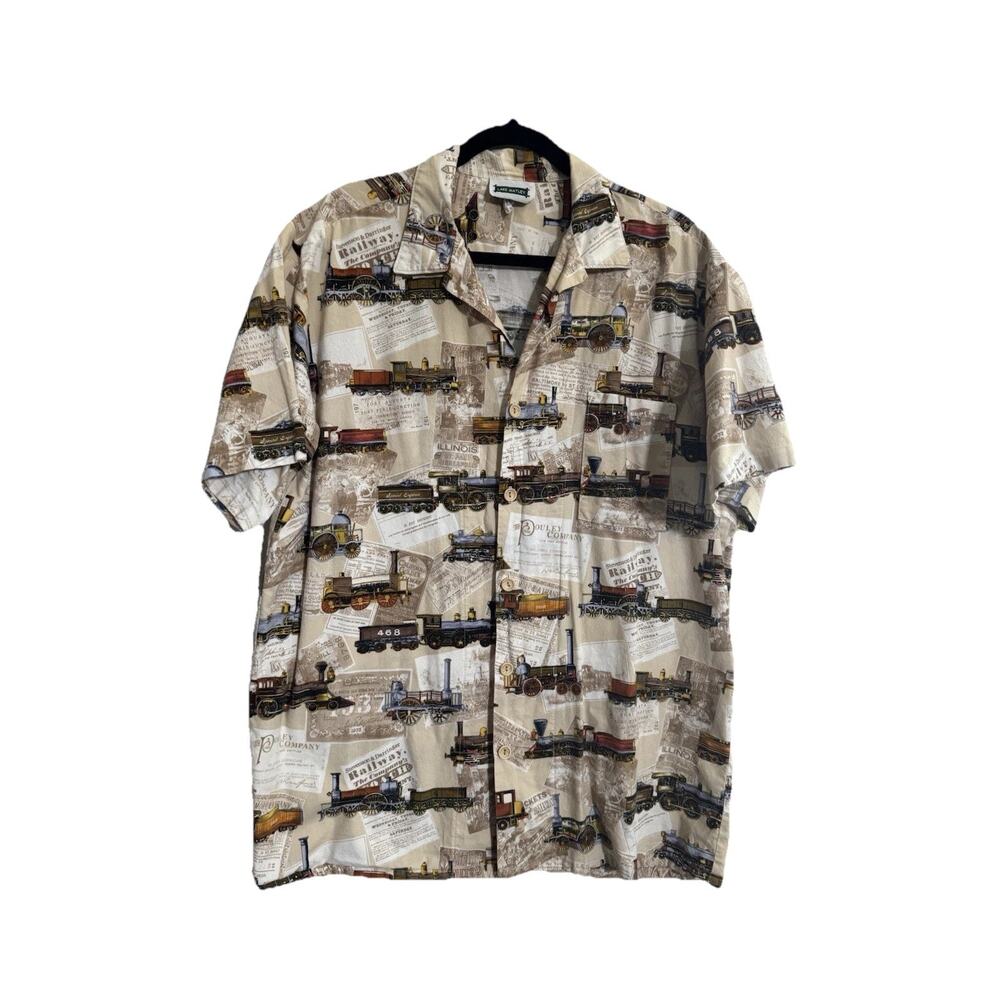 Vintage Lake Matley Shirt Mens XL Trains Allover Print Hawaiian Button #6688